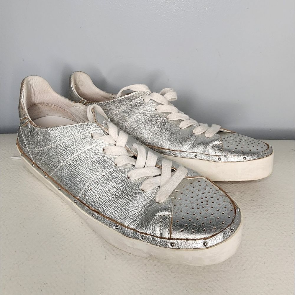 Women's Rebecca Minkoff Lace Up Shoes Sneakers Size 7.5 Silver Leather Studded